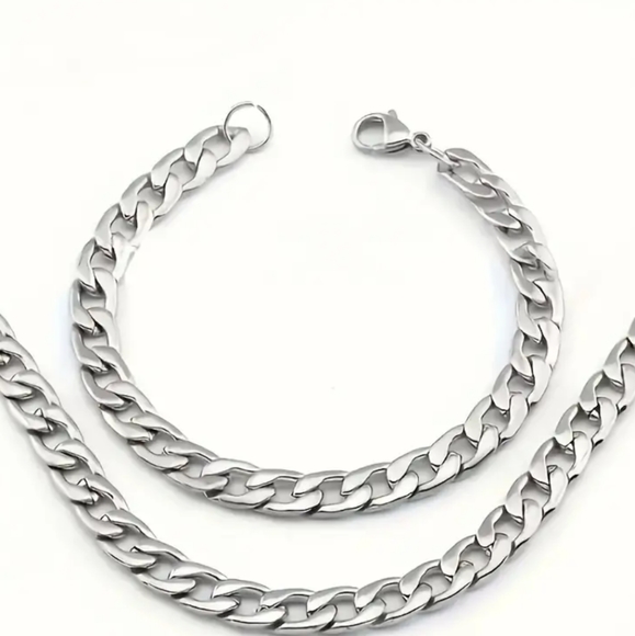 925 Sterling Silver Men's Jewelry Set Thick Chain Necklace Bracelet Men's Chain - Picture 1 of 8